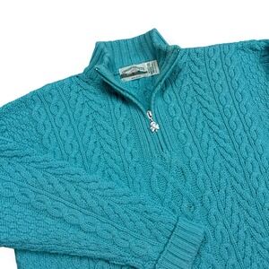VTG Aran Crafts 100% Merino Wool 1/4 Zip Cable Knit Sweater 2XL‎ Blue Ireland
